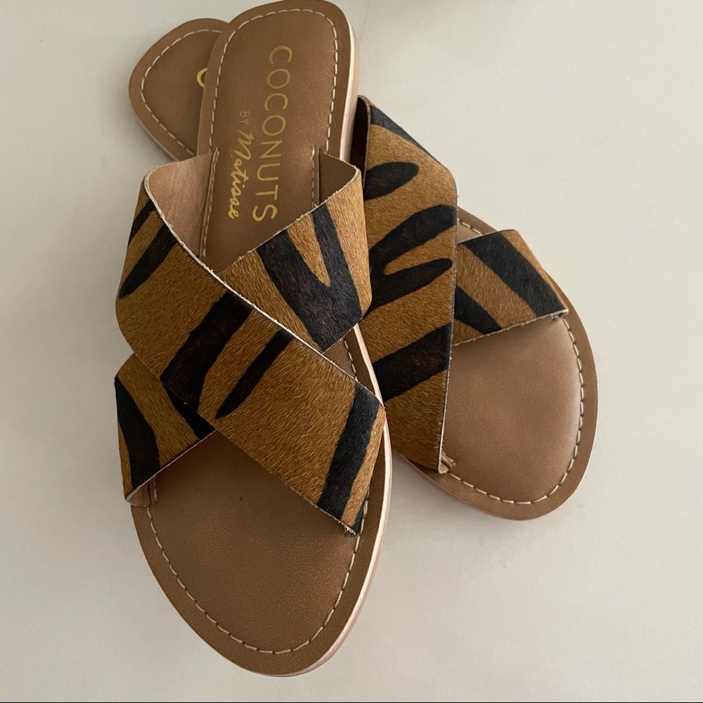 Black and brown Tiger hair calf cross band sandal size 6